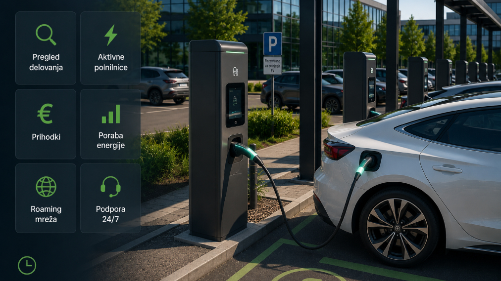 Na sliki je električno vozilo na polnilnici, ob strani pa so prikazane funkcionalnosti upravljanja in vzdrževanja polnilnic: pregled delovanja, aktivne polnilnice, prihodki, poraba energije, roaming mreža in podpora 24/7.